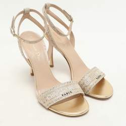Pre Owned Dior Metallic Beige Canvas Crystals Embellished Dway Ankle Strap Heeled Sandals Size 37