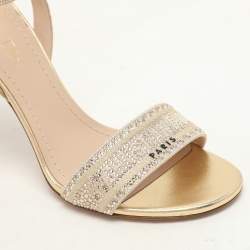 Pre Owned Dior Metallic Beige Canvas Crystals Embellished Dway Ankle Strap Heeled Sandals Size 37