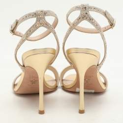 Pre Owned Dior Metallic Beige Canvas Crystals Embellished Dway Ankle Strap Heeled Sandals Size 37