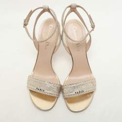 Pre Owned Dior Metallic Beige Canvas Crystals Embellished Dway Ankle Strap Heeled Sandals Size 37