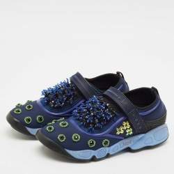 Dior Navy Blue Mesh and Nylon Fusion Floral Embellished Slip On Sneakers Size 37
