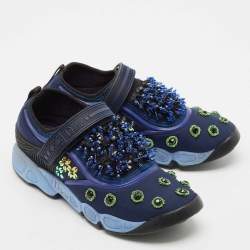 Dior Navy Blue Mesh and Nylon Fusion Floral Embellished Slip On Sneakers Size 37