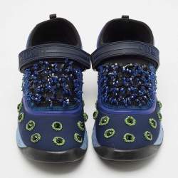 Dior Navy Blue Mesh and Nylon Fusion Floral Embellished Slip On Sneakers Size 37