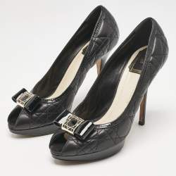 Dior Black Cannage Leather Bow Peep Toe Platform Pumps Size 39