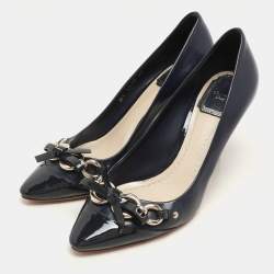 Dior Blue Patent and Leather Bow Chain Detail Pumps Size 37
