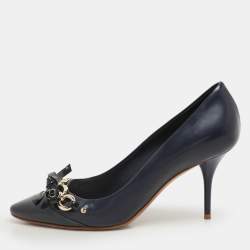 Dior Blue Patent and Leather Bow Chain Detail Pumps Size 37
