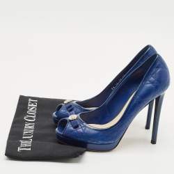 Dior Blue Cannage Leather and Patent Bow Peep Toe Platform Pumps Size 37