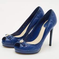 Dior Blue Cannage Leather and Patent Bow Peep Toe Platform Pumps Size 37