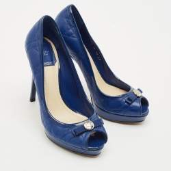Dior Blue Cannage Leather and Patent Bow Peep Toe Platform Pumps Size 37