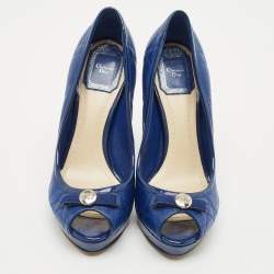 Dior Blue Cannage Leather and Patent Bow Peep Toe Platform Pumps Size 37