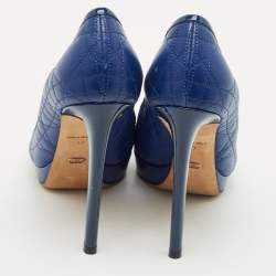 Dior Blue Cannage Leather and Patent Bow Peep Toe Platform Pumps Size 37