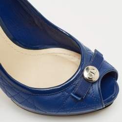 Dior Blue Cannage Leather and Patent Bow Peep Toe Platform Pumps Size 37