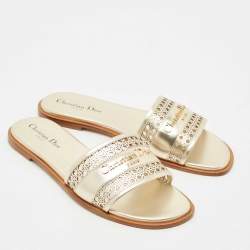 Dior Gold Micro Cannage Leather D-Lane Flat Slide Sandals Size 39