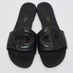 Pre Owned Dior Black Leather D Club Flat Slide Sandals Size 37.5