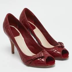 Dior Burgundy Cannage Leather Bow Peep Toe Pumps Size 37