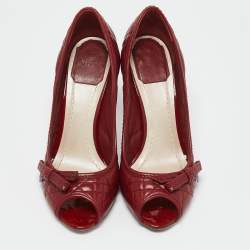 Dior Burgundy Cannage Leather Bow Peep Toe Pumps Size 37