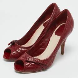 Dior Burgundy Cannage Leather Bow Peep Toe Pumps Size 37