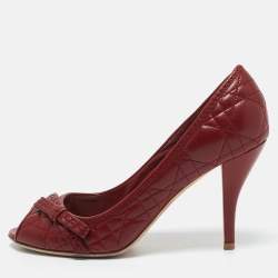 Dior Burgundy Cannage Leather Bow Peep Toe Pumps Size 37