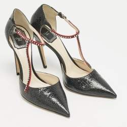 Dior Black Leather Crystal Embellished T Strap Pointed Toe Pumps Size 39.5