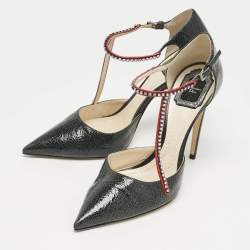 Dior Black Leather Crystal Embellished T Strap Pointed Toe Pumps Size 39.5