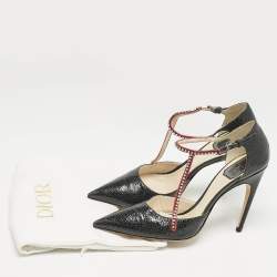 Dior Black Leather Crystal Embellished T Strap Pointed Toe Pumps Size 39.5