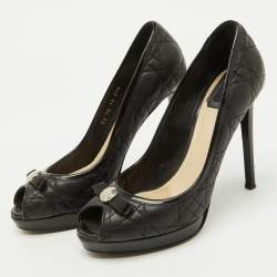 Dior Black Cannage Leather Bow Peep Toe Platform Pumps Size 37.5