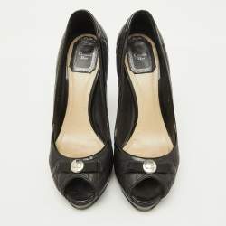 Dior Black Cannage Leather Bow Peep Toe Platform Pumps Size 37.5