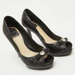 Dior Black Cannage Leather Bow Peep Toe Platform Pumps Size 37.5