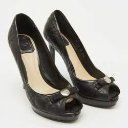 Dior Black Cannage Leather Bow Peep Toe Platform Pumps Size 37.5
