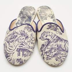 Dior Blue/Beige Embroidered Canvas Toile De Jouy Flat Mules Size 39.5