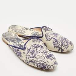 Dior Blue/Beige Embroidered Canvas Toile De Jouy Flat Mules Size 39.5
