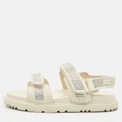 Pre Owned Dior Cream Leather  Crystal Embellished DiorAct Sandals Size 36.5