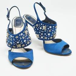 Dior Blue Satin Embellished Slingback Sandals Size 41