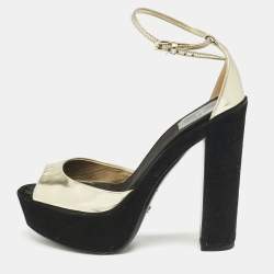 Dior Gold Leather and Suede Block Heel Ankle Strap Sandals Size 37.5