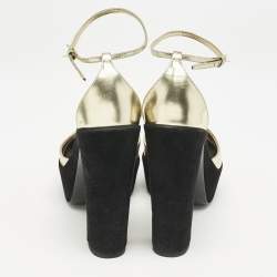 Dior Gold Leather and Suede Block Heel Ankle Strap Sandals Size 37.5