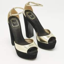 Dior Gold Leather and Suede Block Heel Ankle Strap Sandals Size 37.5