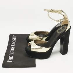 Dior Gold Leather and Suede Block Heel Ankle Strap Sandals Size 37.5