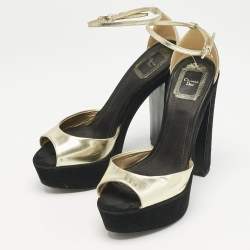 Dior Gold Leather and Suede Block Heel Ankle Strap Sandals Size 37.5