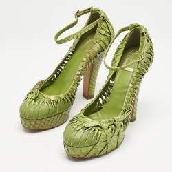 Pre Owned Dior Green Python Leather Knot Detail Ankle Strap Platform Pumps Size 38.5