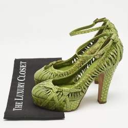 Pre Owned Dior Green Python Leather Knot Detail Ankle Strap Platform Pumps Size 38.5