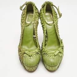 Pre Owned Dior Green Python Leather Knot Detail Ankle Strap Platform Pumps Size 38.5