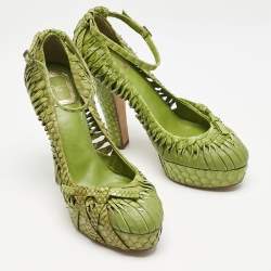 Pre Owned Dior Green Python Leather Knot Detail Ankle Strap Platform Pumps Size 38.5