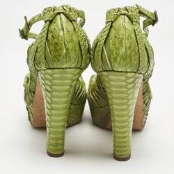 Pre Owned Dior Green Python Leather Knot Detail Ankle Strap Platform Pumps Size 38.5
