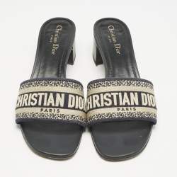 Dior Navy Blue Embroidered Canvas Dway Slide Sandals Size 41