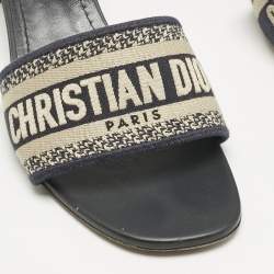 Dior Navy Blue Embroidered Canvas Dway Slide Sandals Size 41