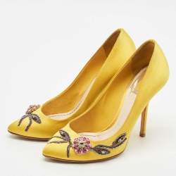 Dior Yellow Satin Embellished Pointed Toe Pumps Size 38