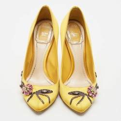 Dior Yellow Satin Embellished Pointed Toe Pumps Size 38