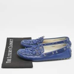 Dior Blue Laser Cut Floral Embellished Leather Flore Loafers Size 39.5