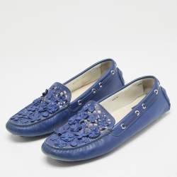 Dior Blue Laser Cut Floral Embellished Leather Flore Loafers Size 39.5