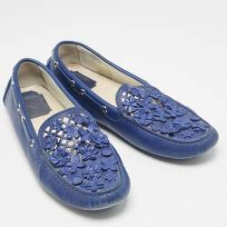 Dior Blue Laser Cut Floral Embellished Leather Flore Loafers Size 39.5